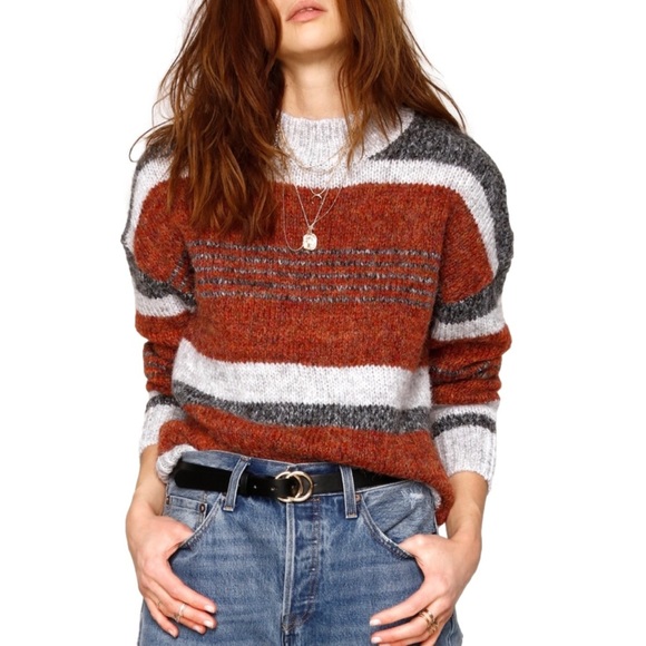 Heartloom Sweaters - Heartloom REVOLVE Cecily Stripe Fuzzy Crew Neck Sweater Orange Wine Gray Size M
